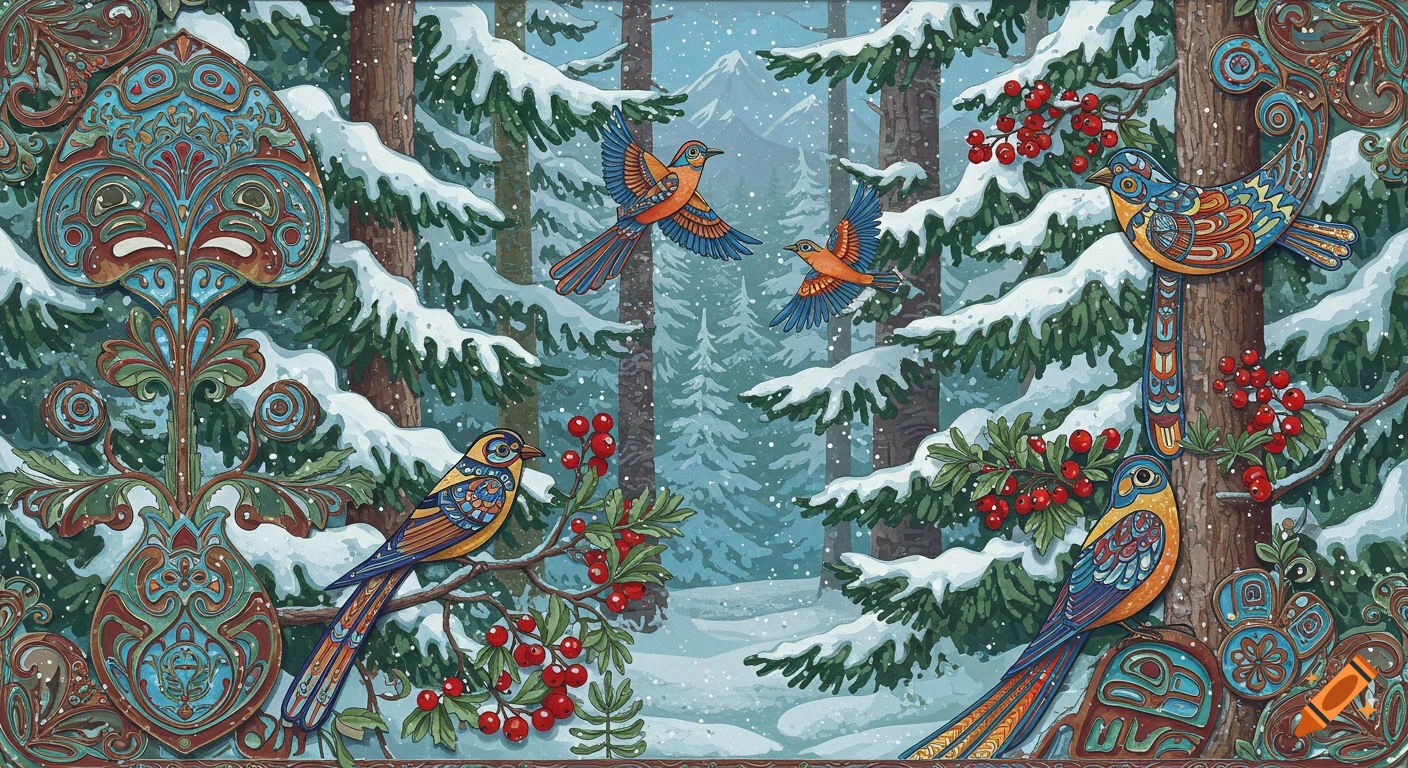 Stylized illustration of a snowy forest with colorful, decorative birds and intricate floral motifs.