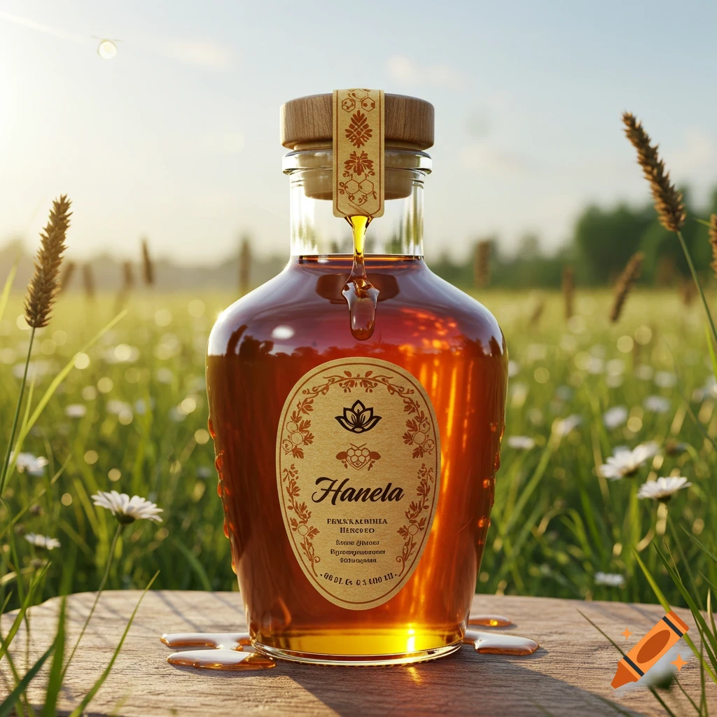 A photorealistic image of a honey bottle with a wooden cork and label, sitting on a wooden surface in a sunny, blooming field. Honey drips from the cork.