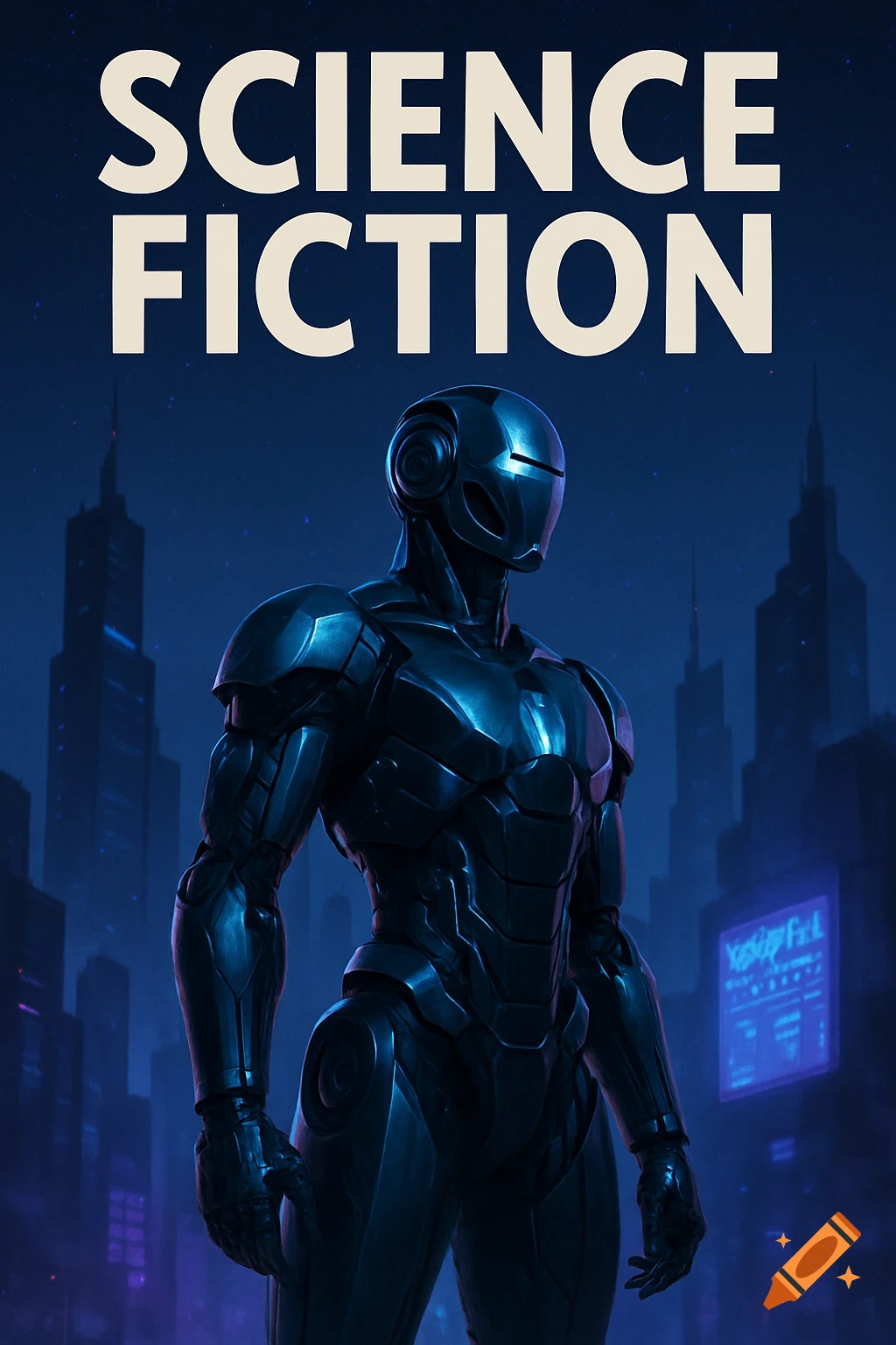 A dark blue and purple futuristic magazine cover featuring a metallic robot standing in a cityscape, with the words 'SCIENCE FICTION' at the top.