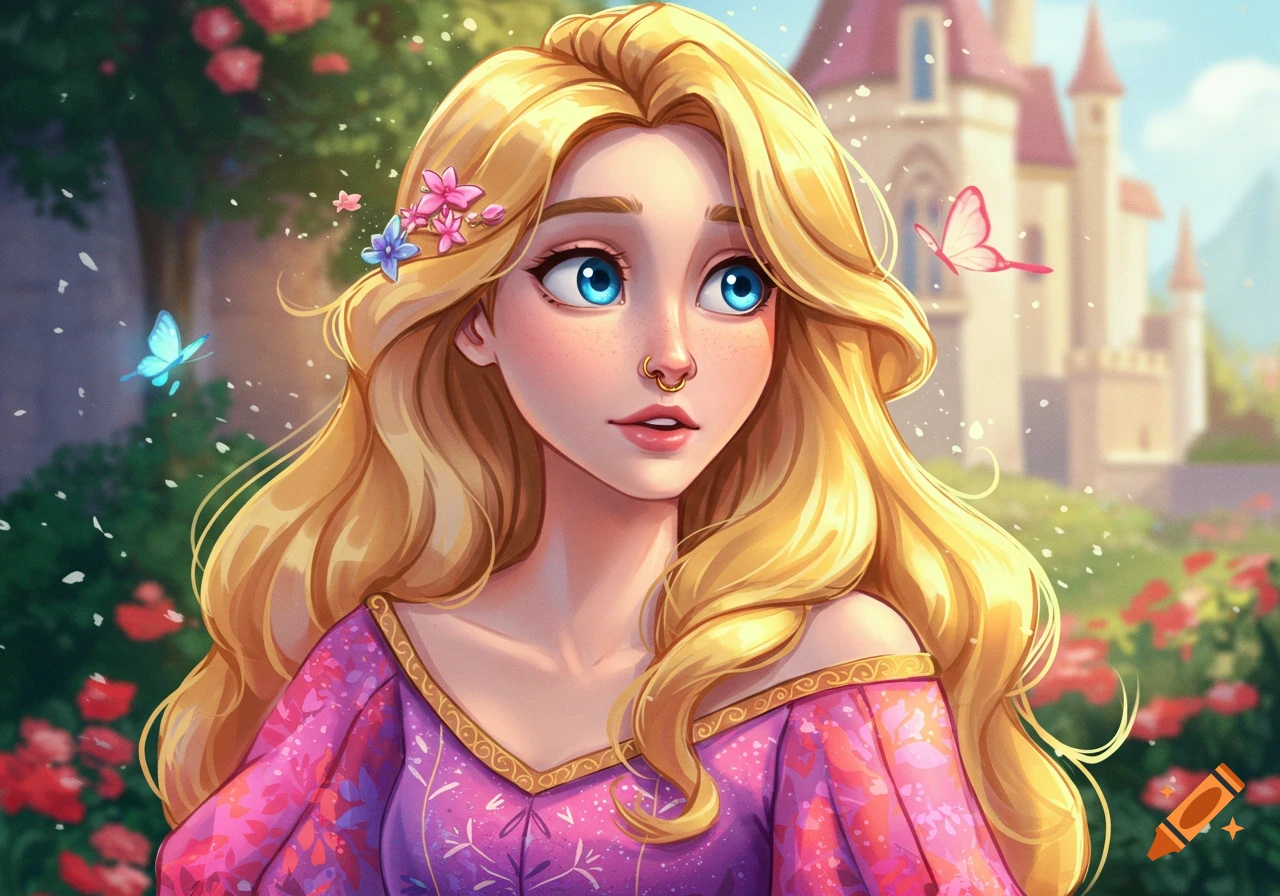 A cartoon princess with blonde hair, blue eyes, and a nose ring looks upward in a flowery garden with a castle and butterflies.