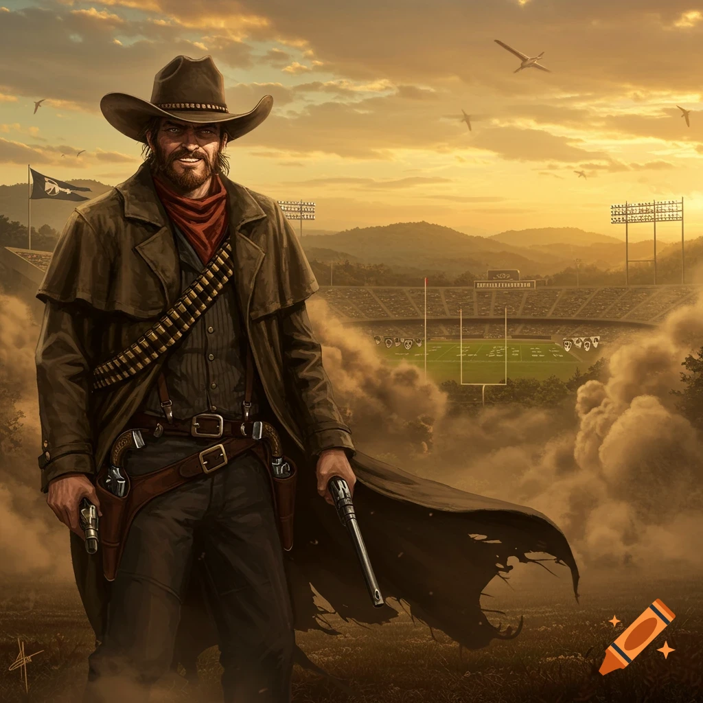 A rugged cowboy stands in a field at sunset with a football stadium and mountains in the background, rendered in a detailed digital painting style.