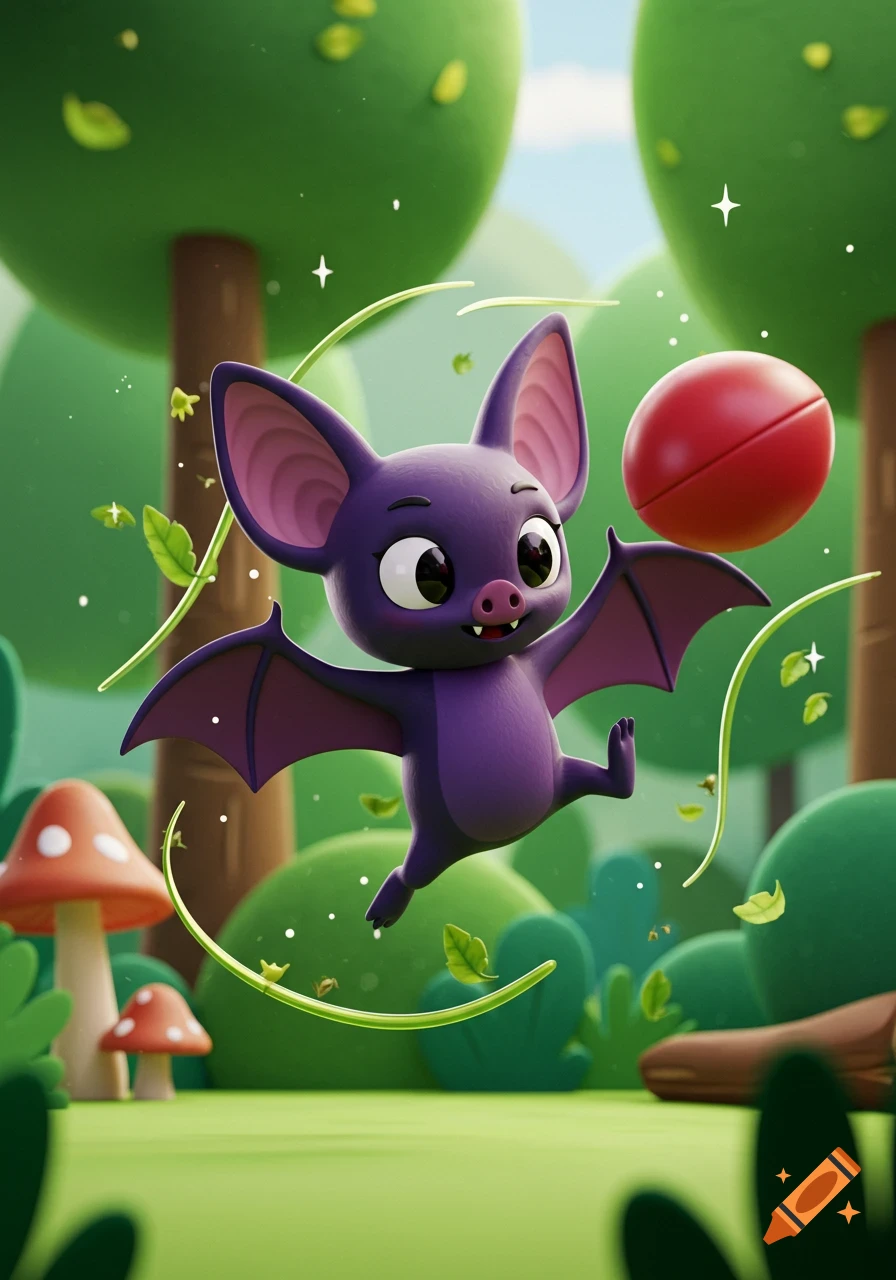 A cute purple 3D cartoon bat playing with a red ball in a vibrant green forest with mushrooms.