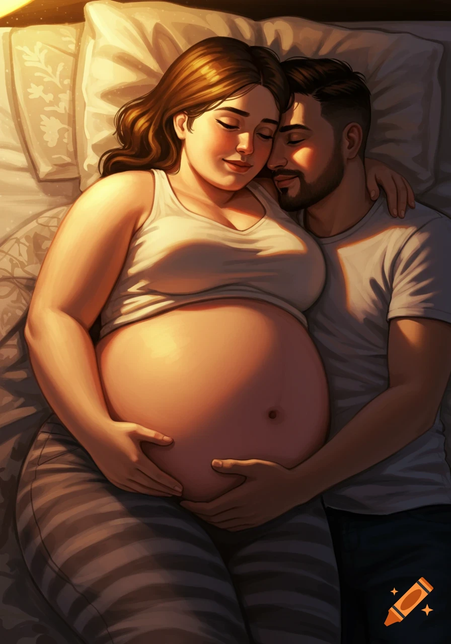 An illustration of a pregnant woman and a man cuddling warmly in bed.