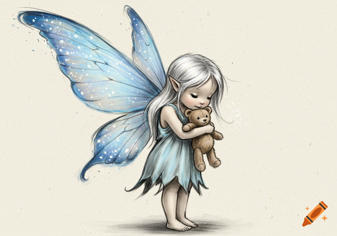 An adorable fairy with white hair and delicate blue, sparkling wings gently hugs a small brown teddy bear in a soft charcoal sketch style.