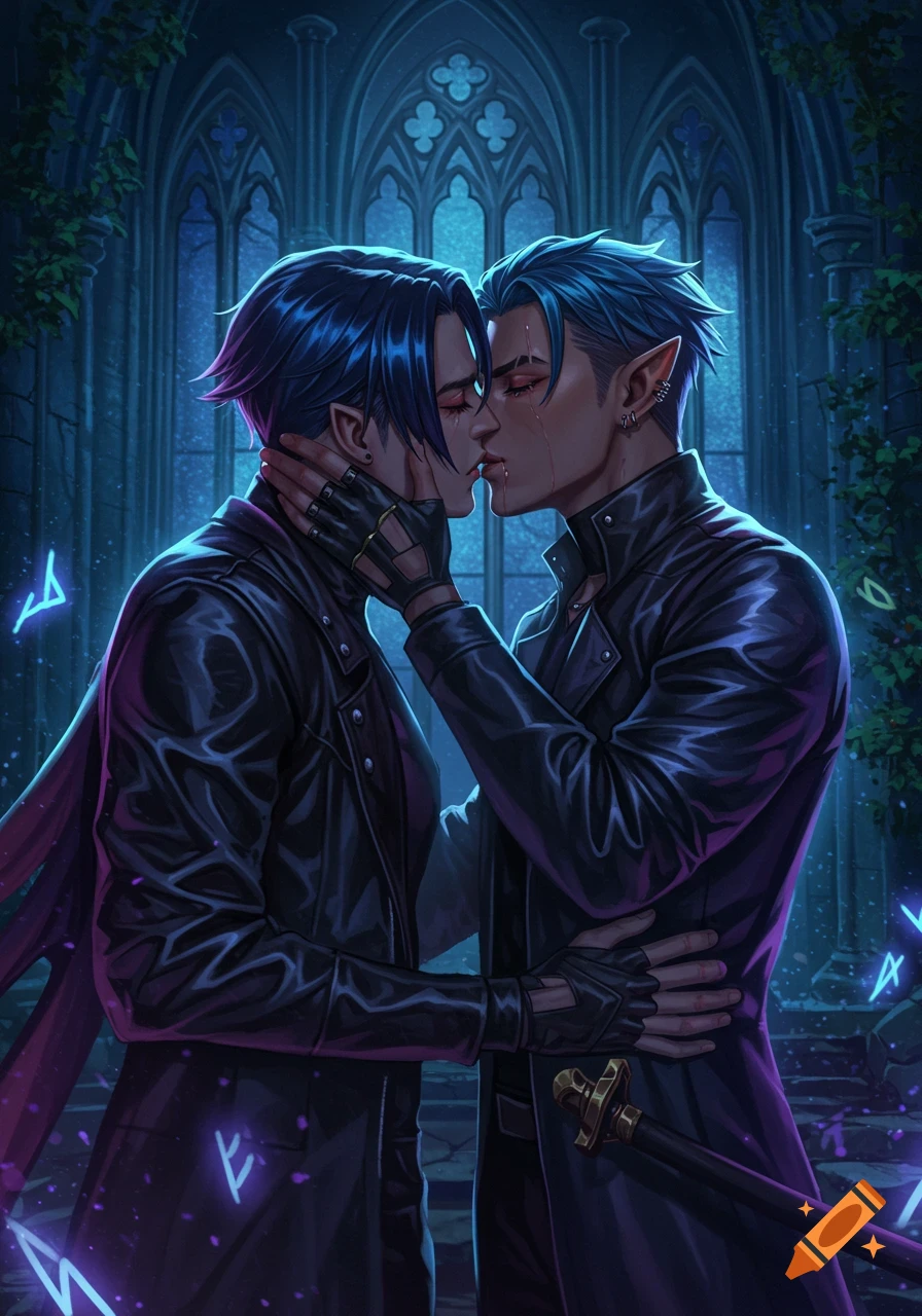A stylized digital illustration of two blue-haired men with pointed ears kissing passionately in a dark gothic archway, surrounded by glowing purple runes. One man has a slight trickle of blood on his chin.