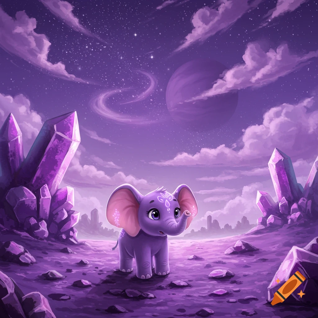 A small, cute purple elephant stands on a rocky purple planet with large purple crystals, under a starry sky with another planet.