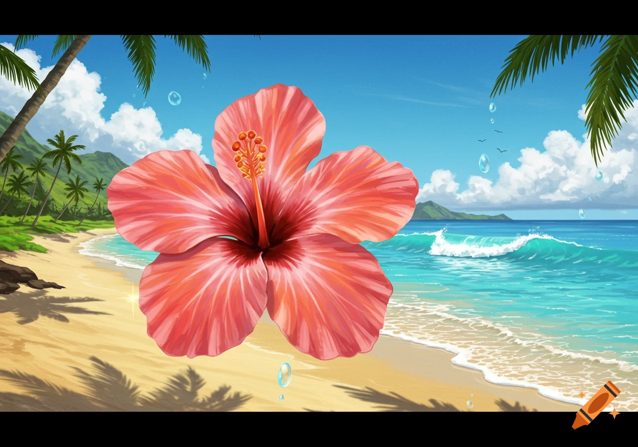 A large pink hibiscus flower floats over a sunny tropical beach with palm trees, blue ocean waves, and a clear sky, in an illustrative style.