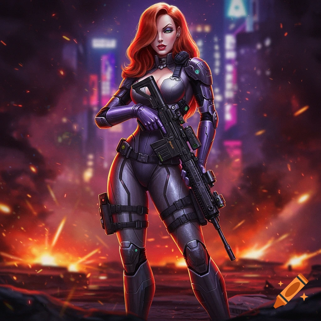 Jessica Rabbit in purple combat gear holds a rifle in a fiery, futuristic city at night, in a digital painting style.