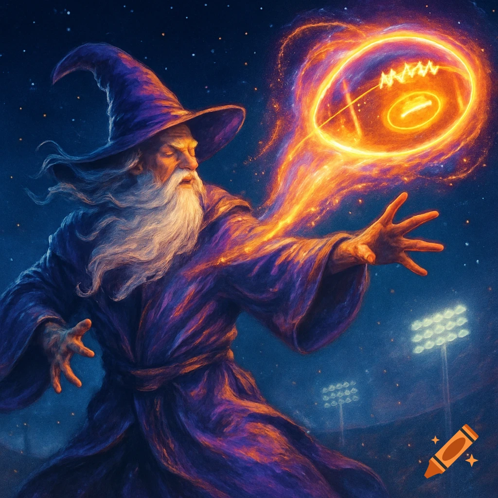 A wise wizard in a purple robe casts a spell, conjuring a glowing orange football in a night sky over a stadium.