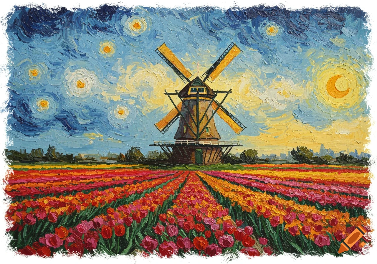Van Gogh style painting of a windmill in a vibrant tulip field under a starry sky and crescent moon.