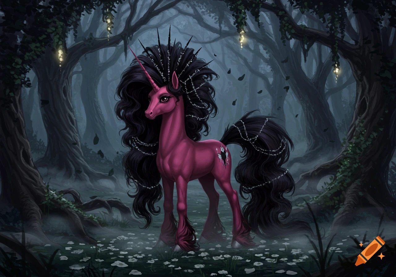 A pink gothic pony with long black hair and a horn stands in a dark, misty forest with gnarled trees and white flowers.