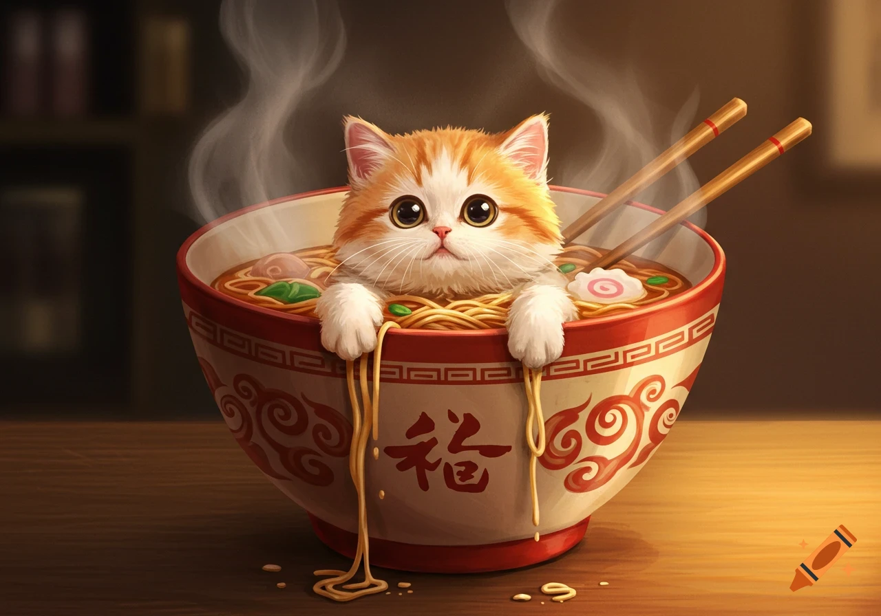 An adorable fluffy orange and white kitten with big eyes sits in a steaming bowl of ramen noodles, with chopsticks leaning in the background.