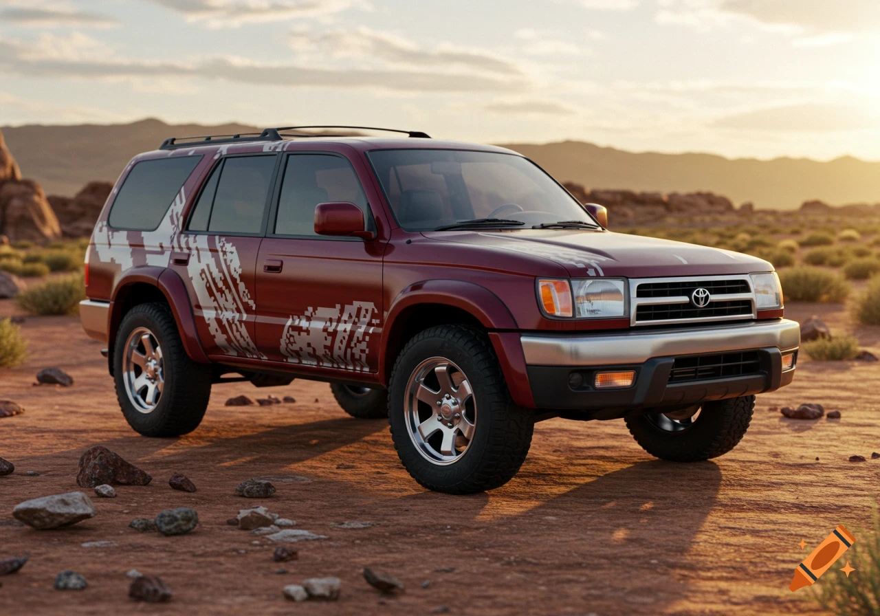 A photorealistic maroon Toyota 4Runner SUV with silver and white digital camo design parked in a desert landscape at sunset.