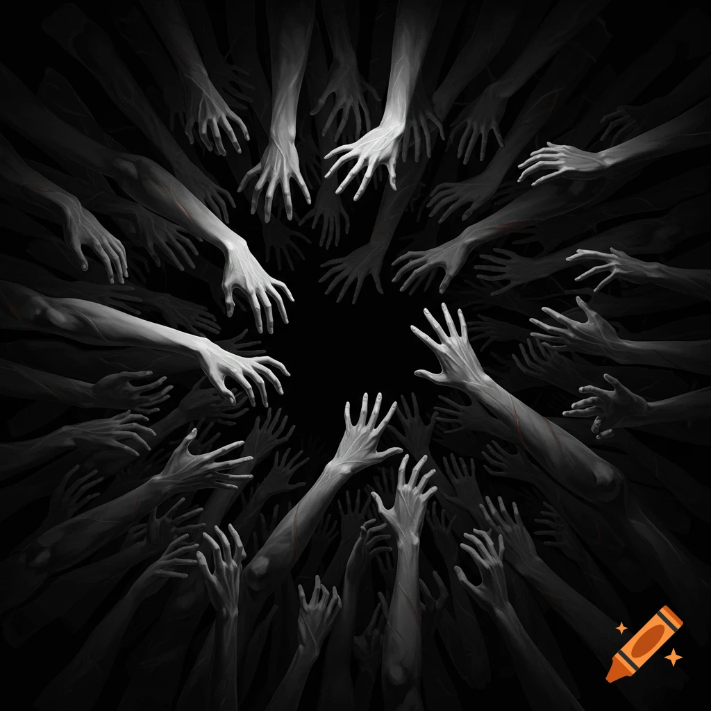 A monochromatic illustration of numerous pale hands reaching and grasping out of a dark void.