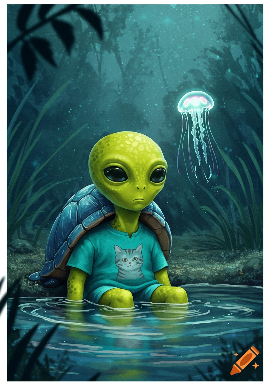 A cute green alien creature with a turtle shell, wearing a teal shirt with a cat, sits in water looking at a glowing jellyfish in a fantasy forest.