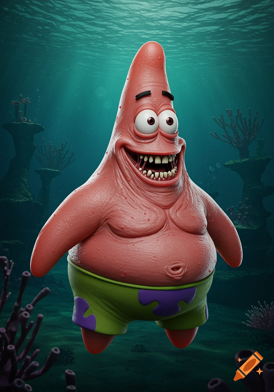Hyper-realistic and creepy Patrick Star with a wide, toothy grin underwater.