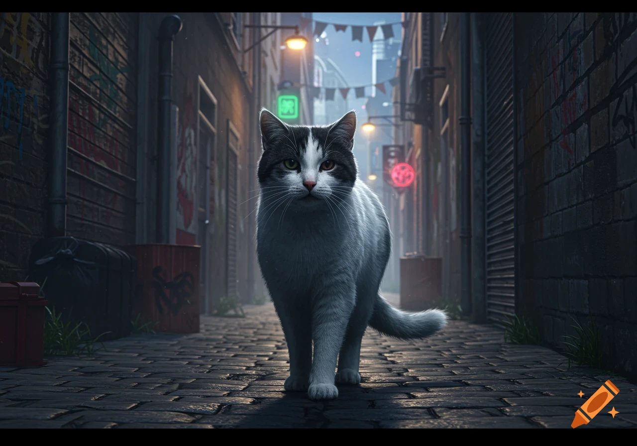 A black and white street cat walks forward on a cobblestone alley illuminated by neon lights and street lamps, with graffiti-covered brick walls on either side.