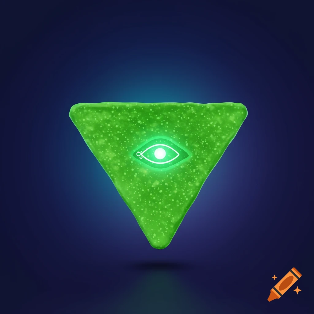 A glowing green triangular chip with an illuminated eye symbol at its center, on a dark blue background.