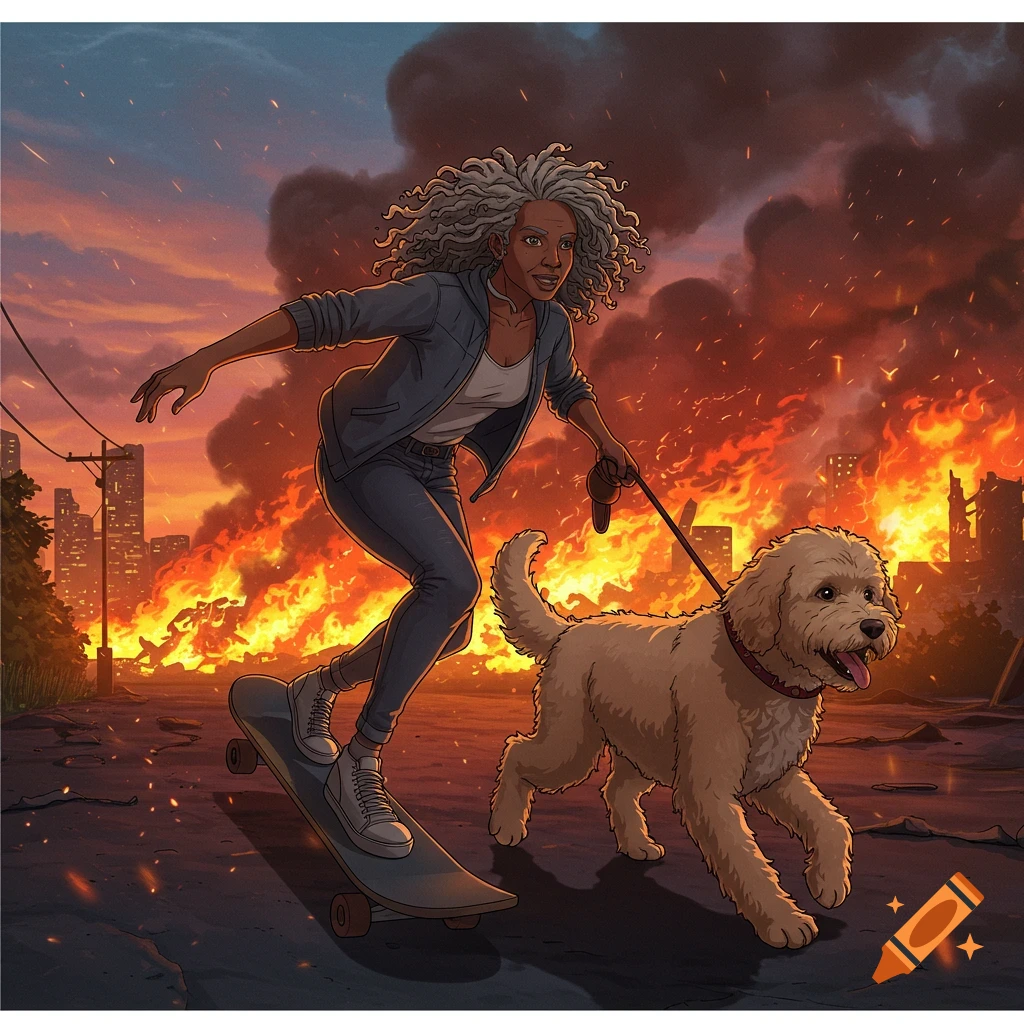 An anime style illustration of an older Black woman on a skateboard with her Goldendoodle, fleeing a burning city.