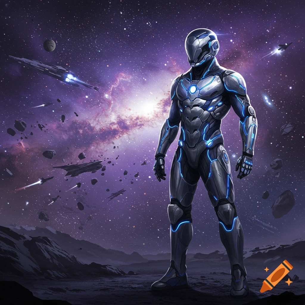A futuristic space soldier in a grey and blue armored suit stands on an alien planet with a purple galaxy and spaceships in the background.