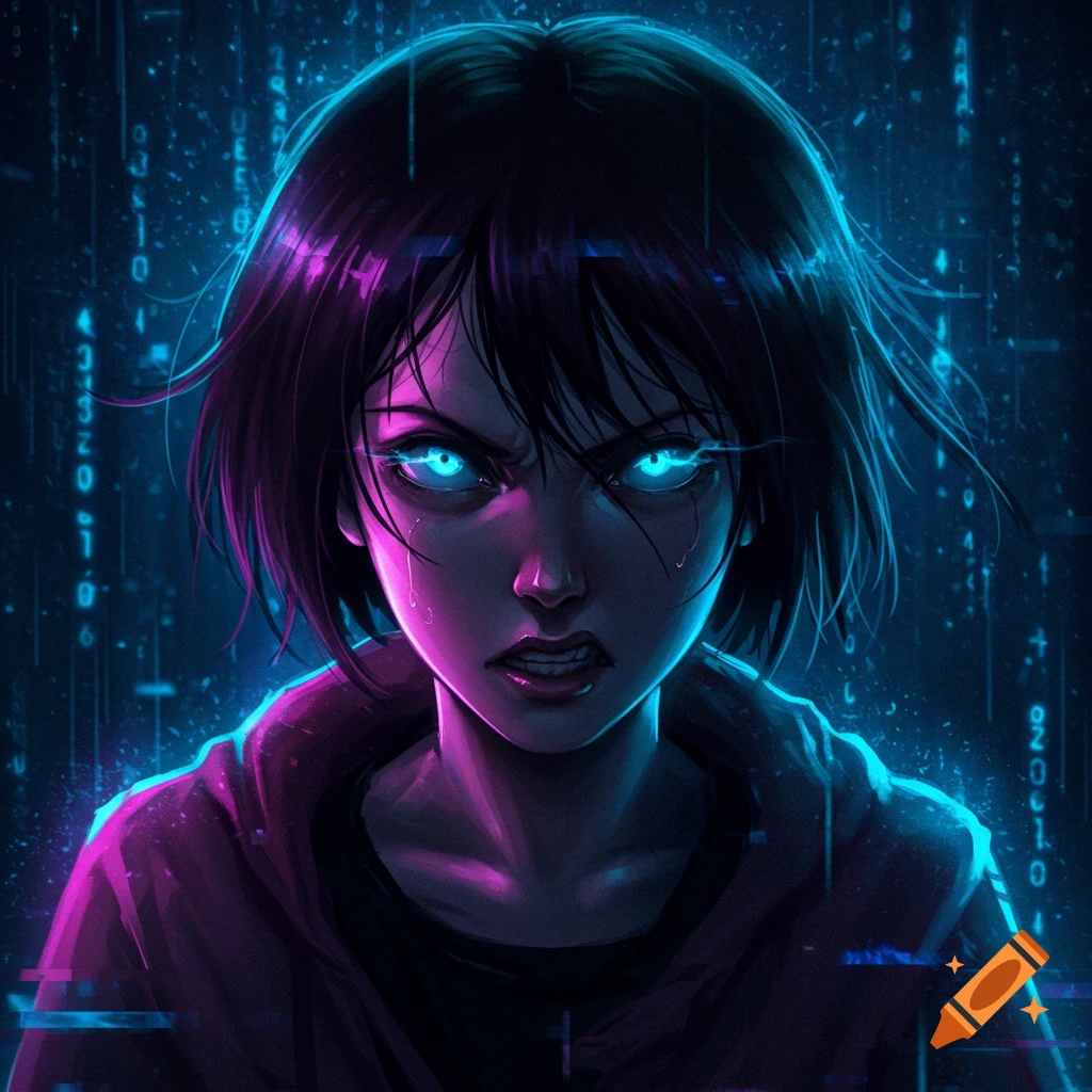An anime-style portrait of a short-haired girl with glowing blue eyes and a determined expression, surrounded by falling digital matrix code in a dark, neon-lit setting.