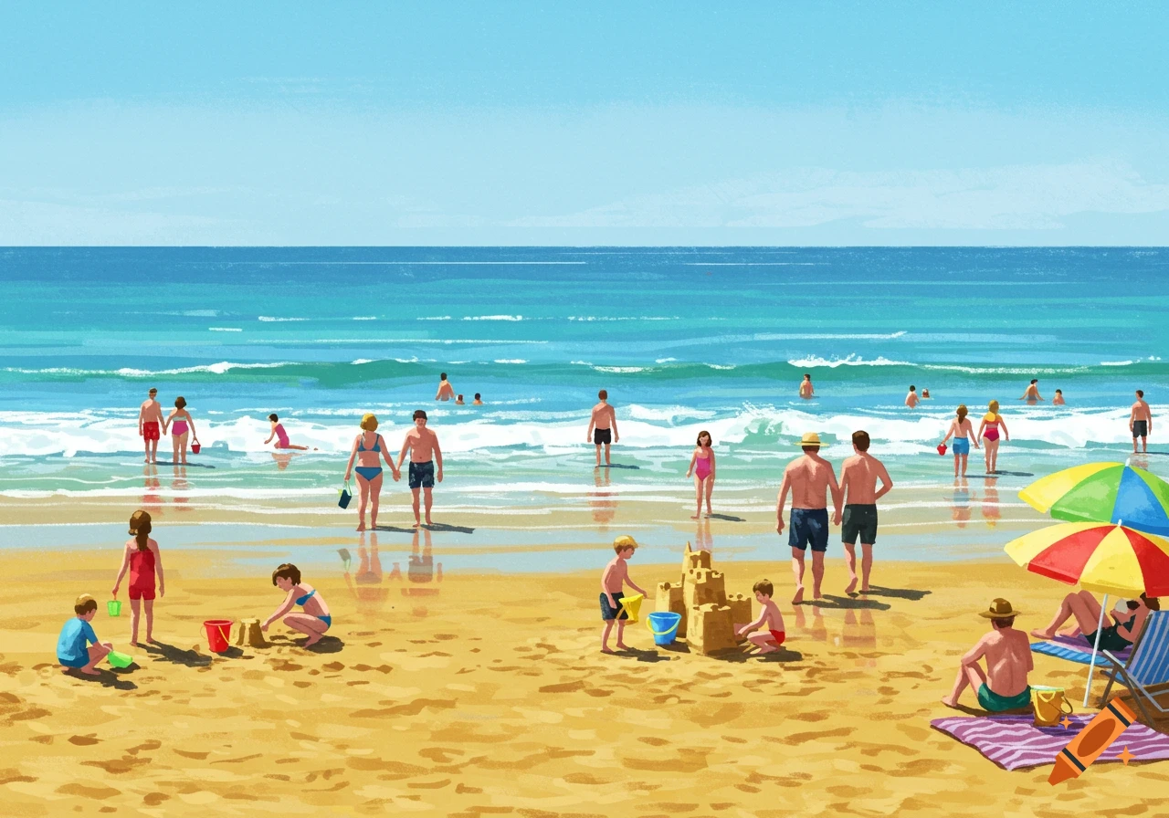 An illustration of a vibrant beach scene with many people swimming, sunbathing, and building sandcastles.