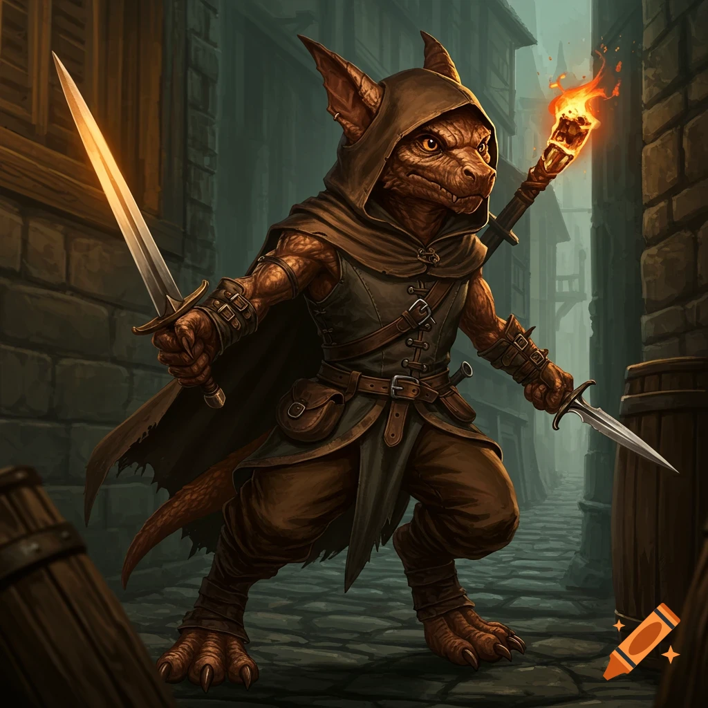 A bronze-skinned kobold thief in a hooded cloak holds a glowing sword and a dagger in a dark fantasy alleyway.