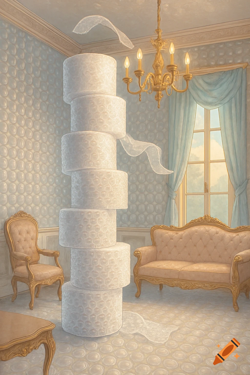 A tall stack of toilet paper in a fancy room with bubble wrap wallpaper, a chandelier, and ornate furniture, in a surreal style.