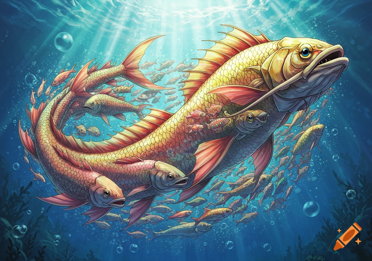 A large, ornate fish made of many smaller golden and red fish, swims in a vibrant underwater scene with sunlight, in a detailed illustration.