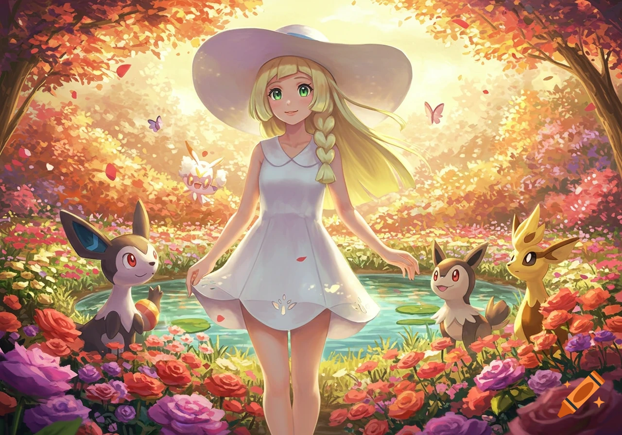Lillie from Pokemon stands in a vibrant, flowery garden with a pond, surrounded by several Pokemon creatures.