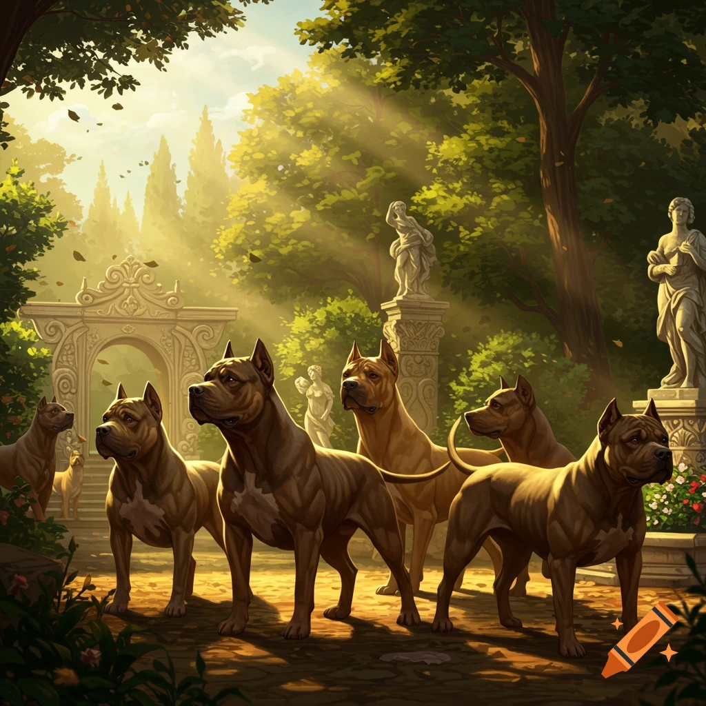 Several large, powerful dogs stand in a sunlit classical garden with statues and lush trees.