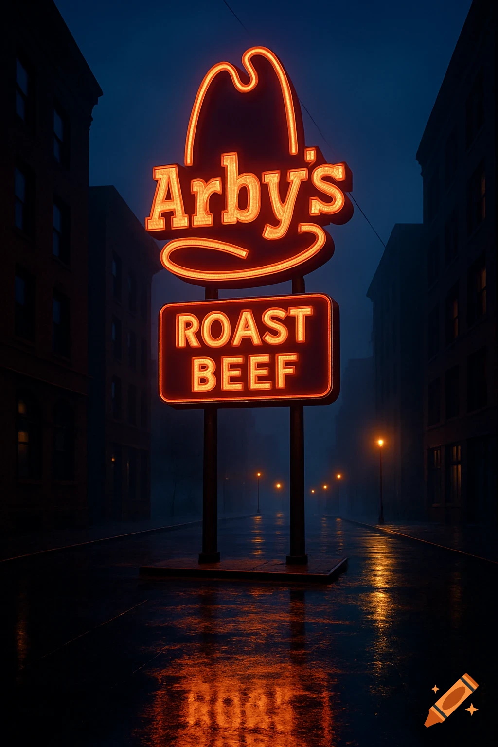A glowing red Arby's neon sign stands prominently on a dark, wet city street at night, reflecting in the puddles.