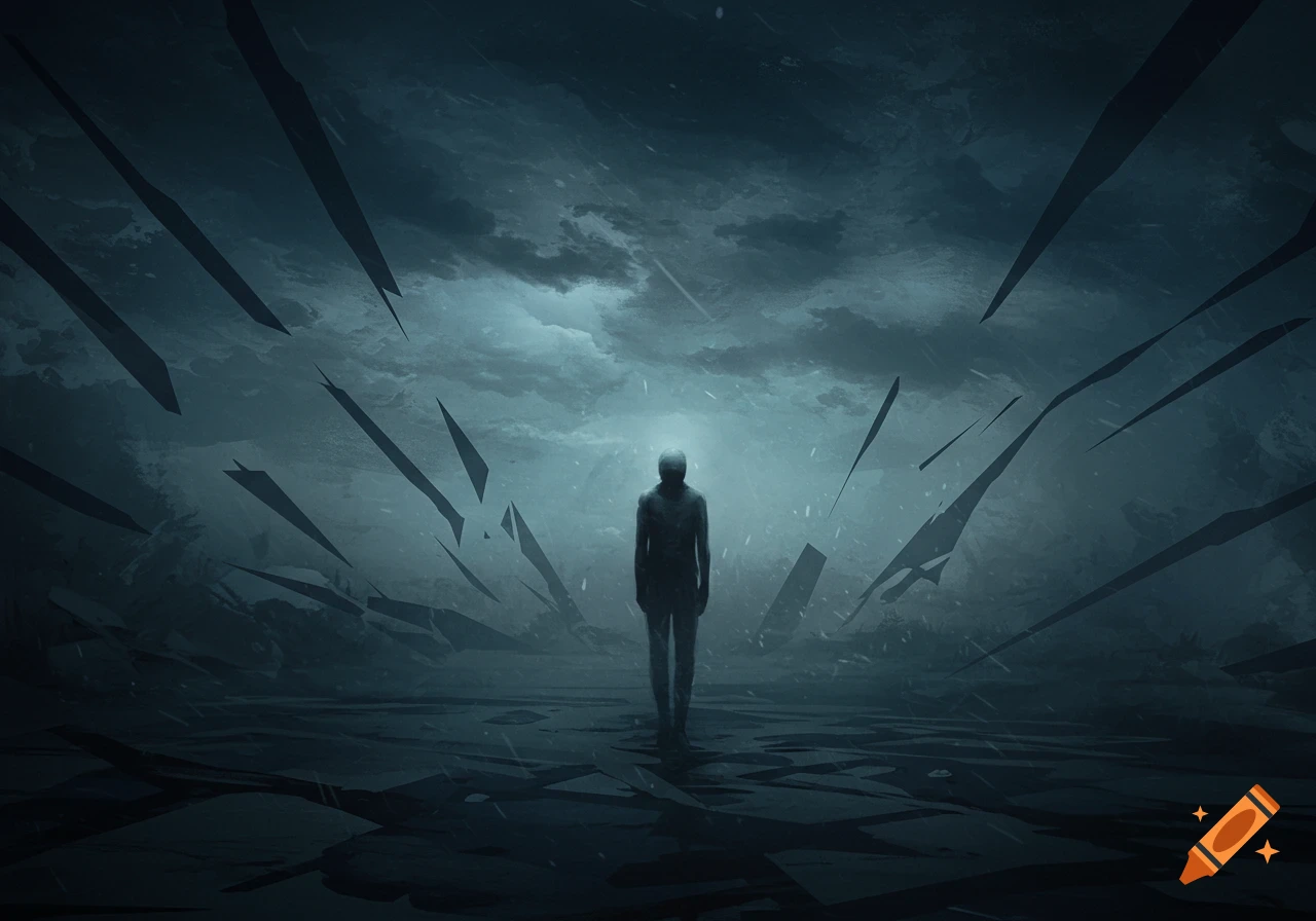 A dark, abstract illustration of a lone, shadowy figure standing in a stormy, shattered landscape with fragments in the air.