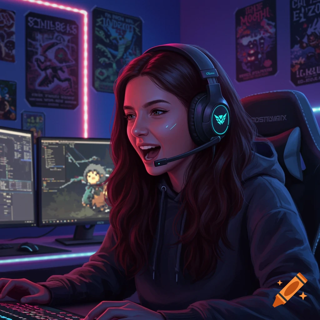 Young woman with brown hair wearing a gaming headset, smiling while playing video games at a desk in a neon-lit room.