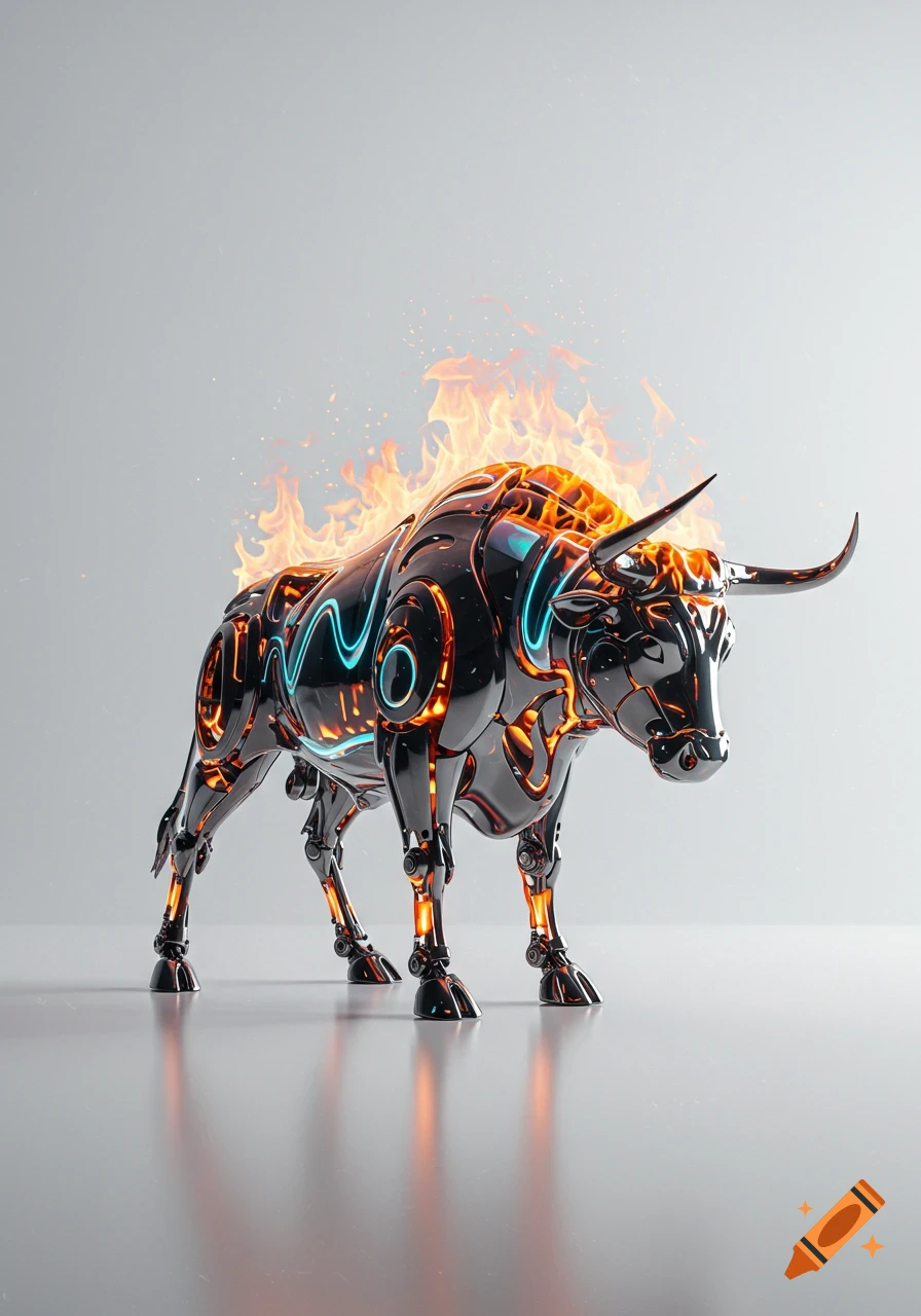 A futuristic robotic bull with glowing orange and blue lines stands on a white background, flames rising from its back.