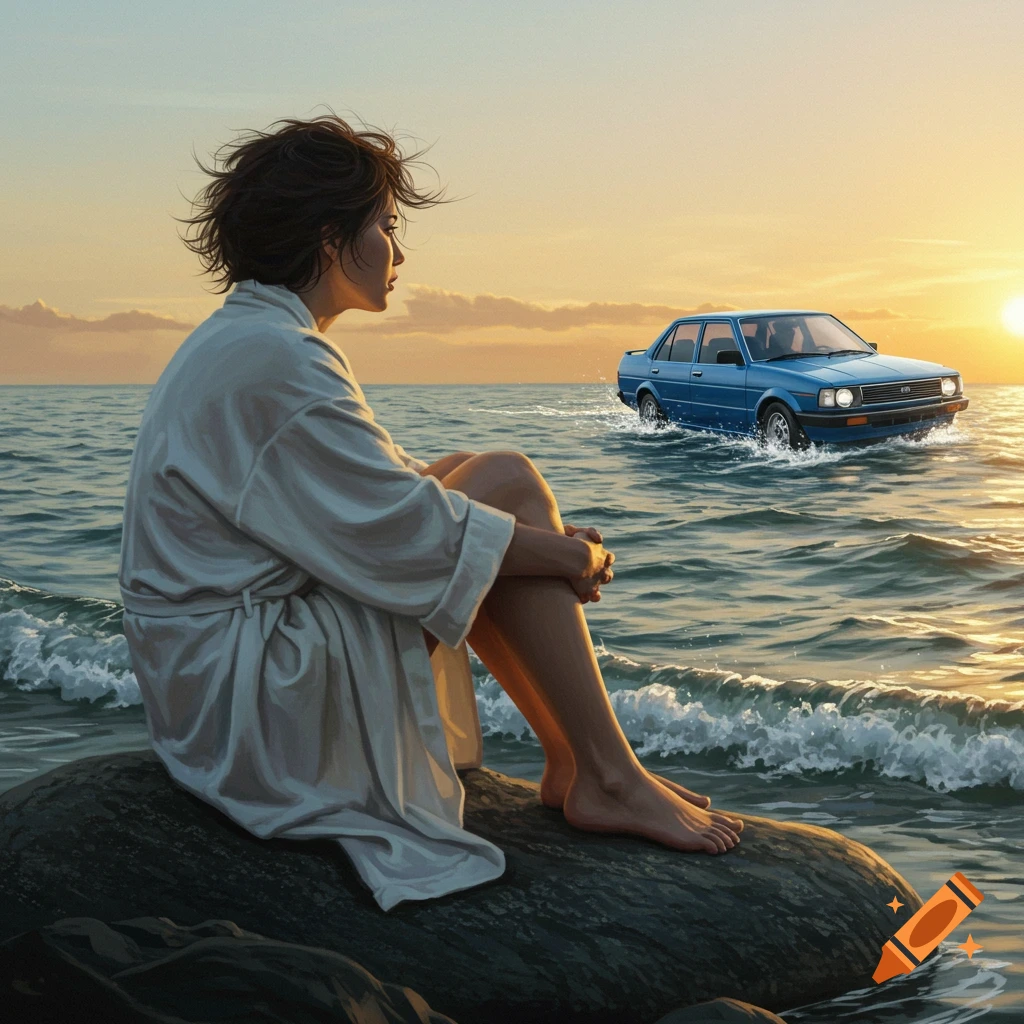 A woman in a bathrobe sits on a rock, watching a blue car drive in the ocean towards a sunset, in a digital art style.