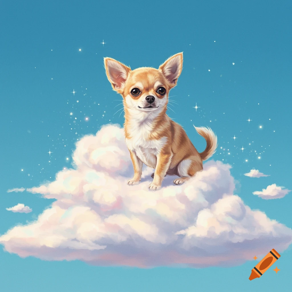 A cute chihuahua dog sitting on a fluffy white cloud in a blue sky with sparkling stars.