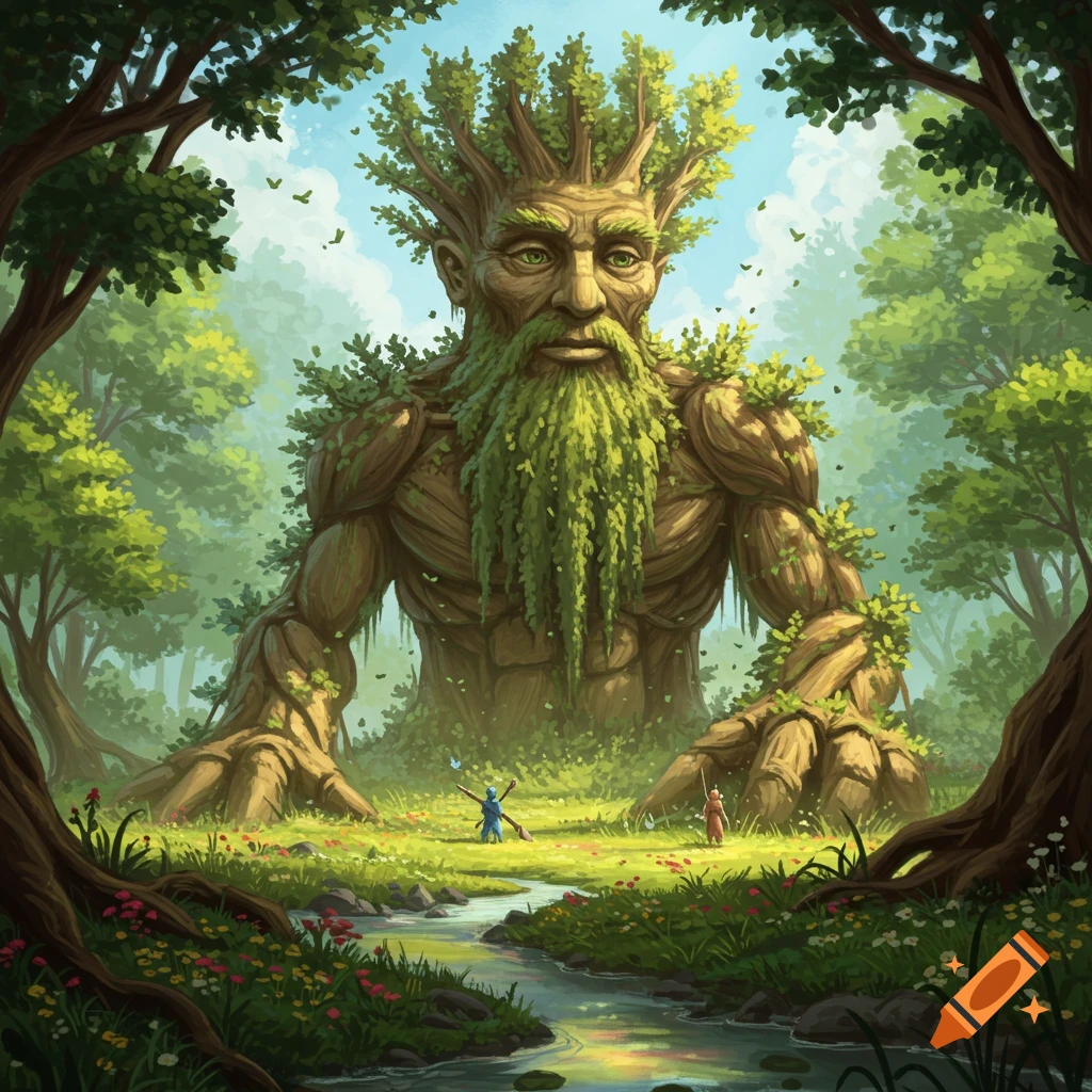 A colossal tree creature with a human face and leafy beard stands in a vibrant forest, looking down at two small figures near a winding stream.
