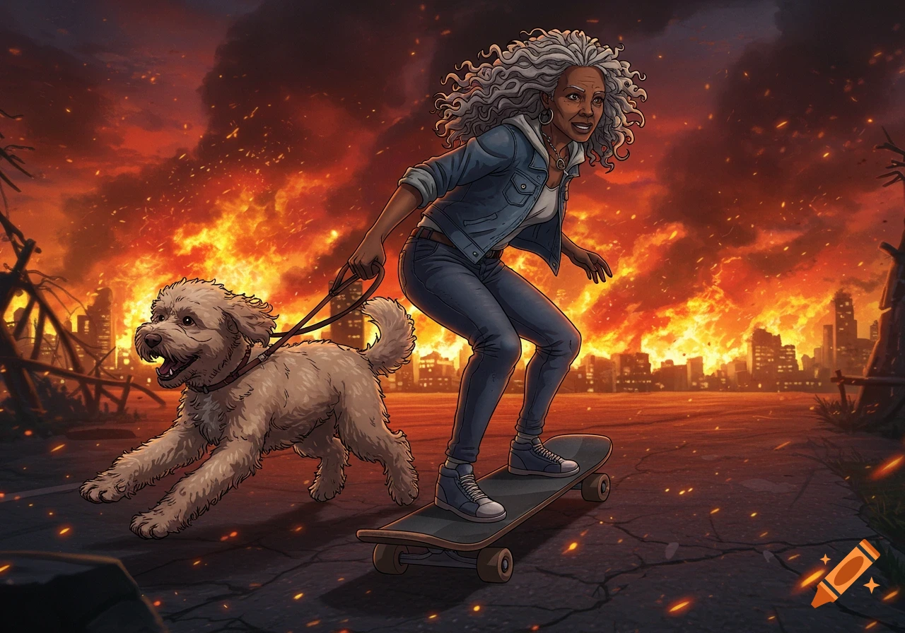 Anime style illustration of a woman on a skateboard holding a dog's leash, fleeing a city engulfed in flames.