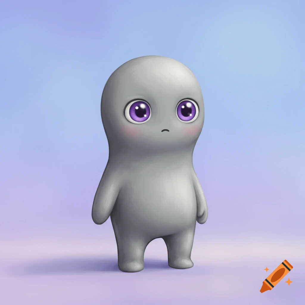 A cute, simplistic grey humanoid blob creature with large purple eyes and a sad expression stands on a gradient background.