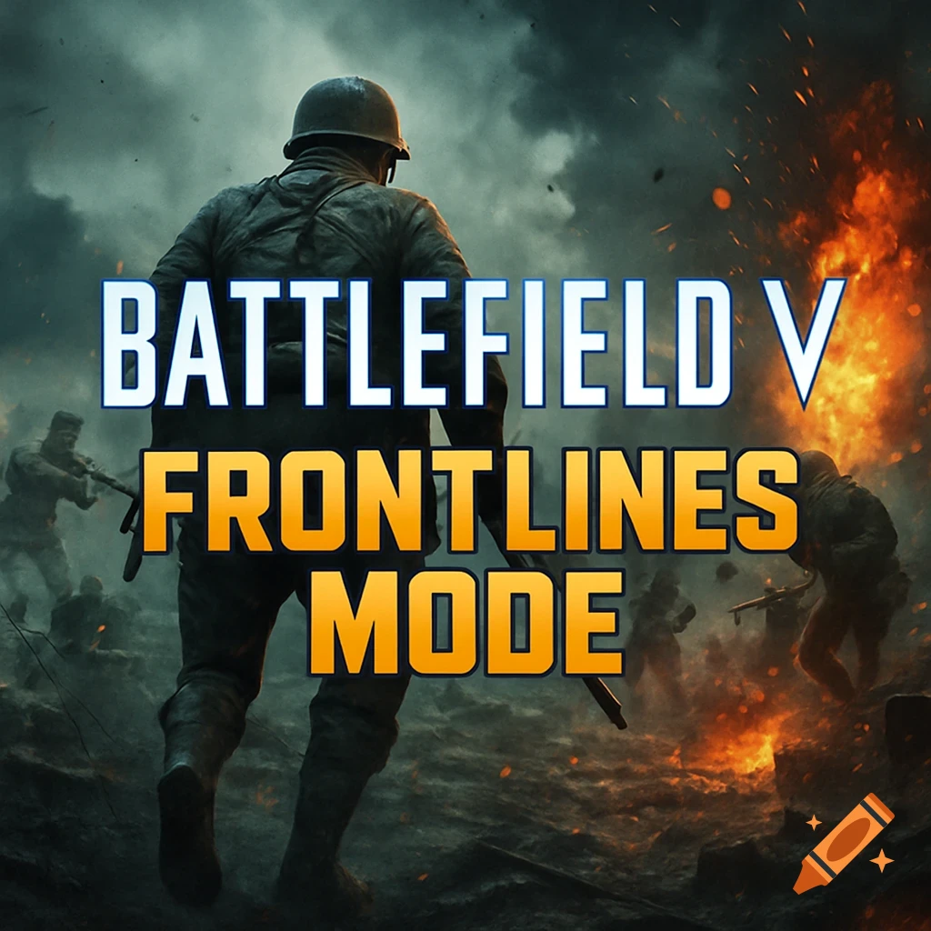 A soldier from behind facing a chaotic, explosive battlefield, with 'BATTLEFIELD V FRONTLINES MODE' text overlay.