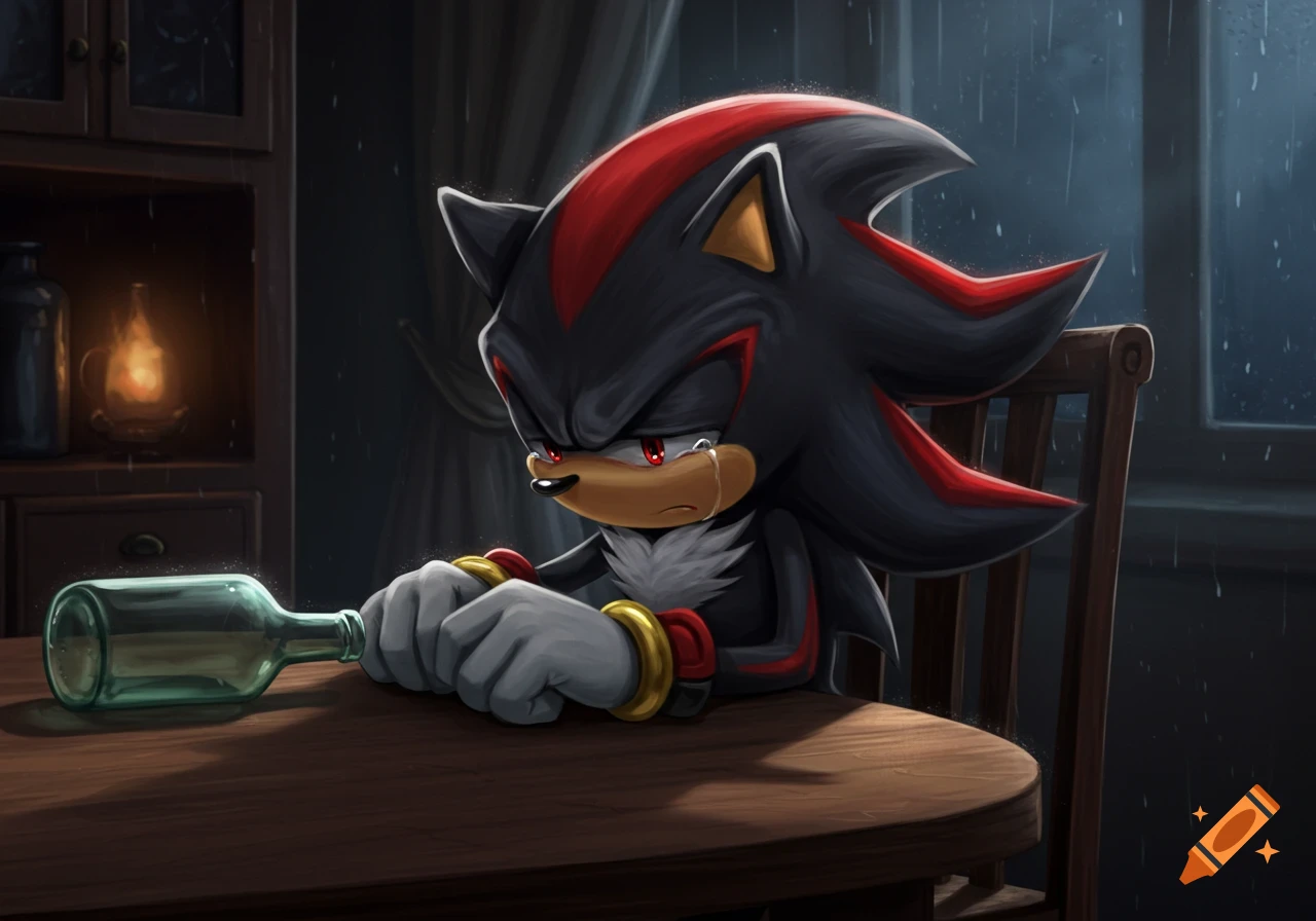 Shadow the Hedgehog cries, sitting at a wooden table with an empty bottle, as rain falls outside a window at night.