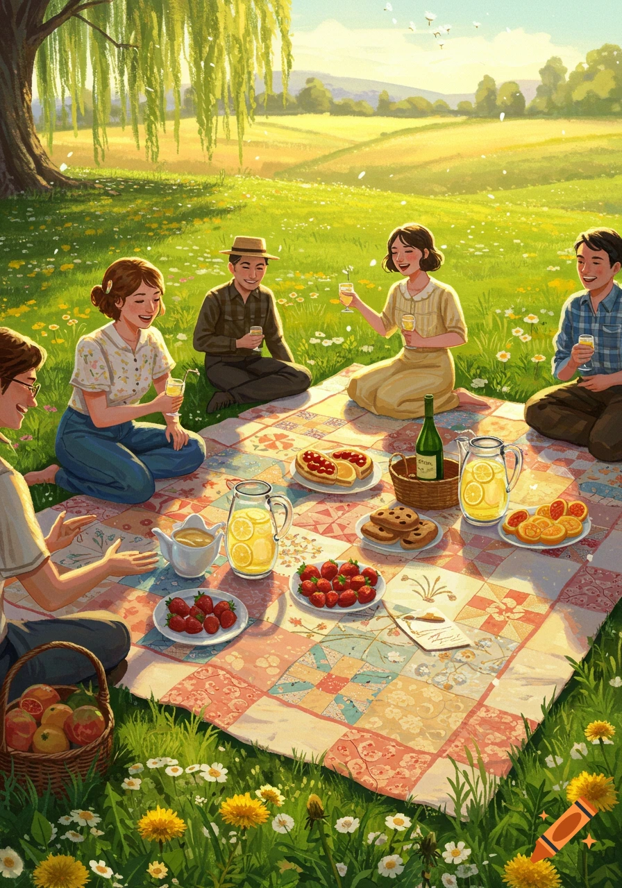 A group of friends enjoys a vibrant picnic on a colorful blanket in a sunny, green meadow with a large tree. They are drinking lemonade and eating fruit and pastries.