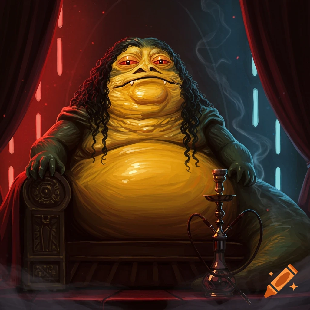 A digital painting of Jabba the Hutt with long black curly hair and yellow skin, sitting on a throne, smoking a hookah under red and blue light.