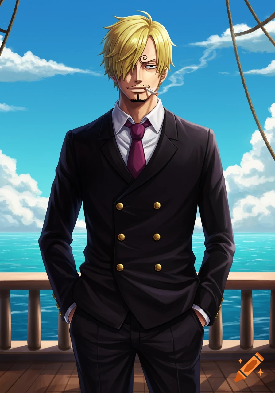 Sanji from One Piece in a suit smoking on a ship deck with ocean and sky in background, anime style.
