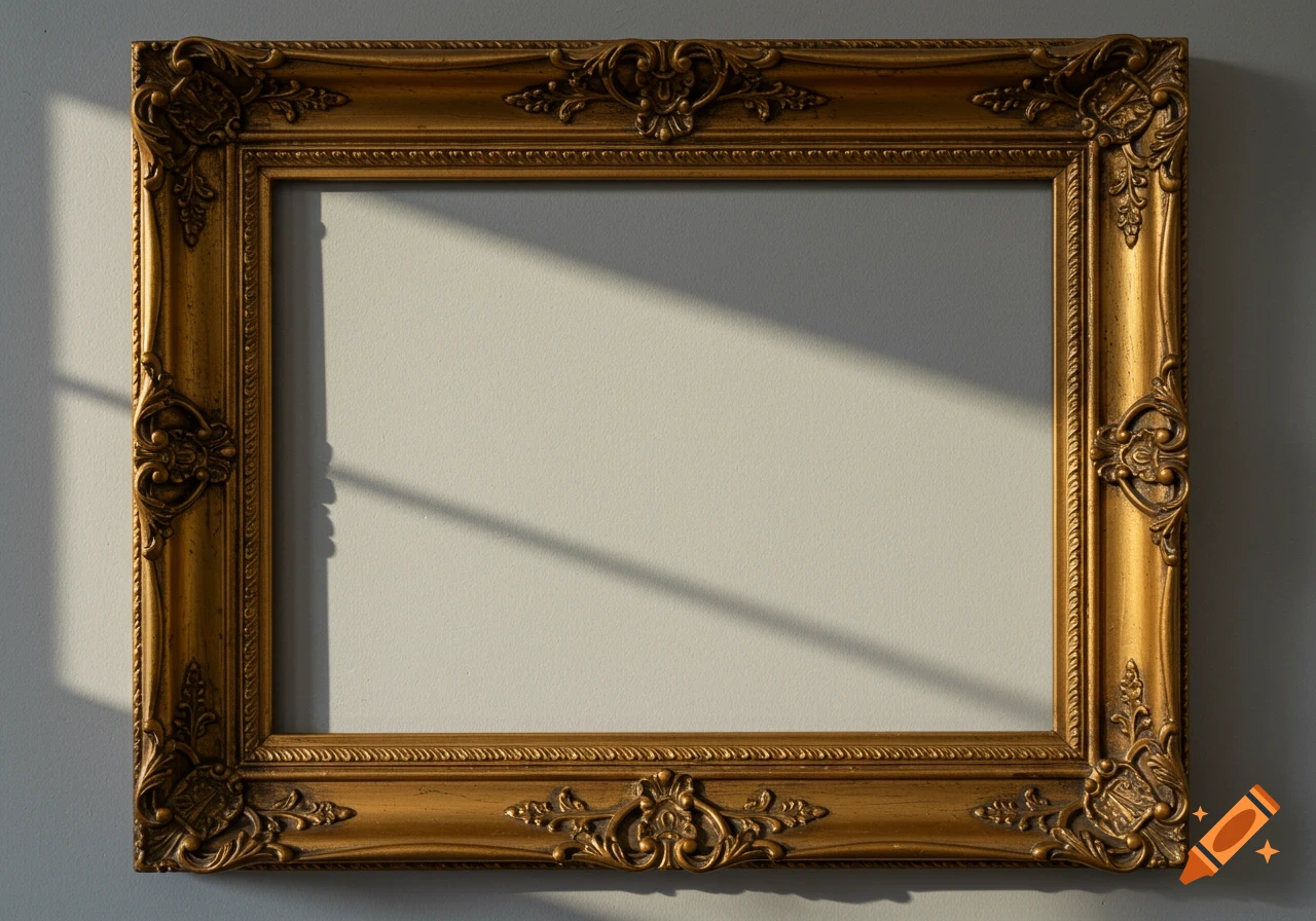 An ornate golden picture frame hangs on a light grey wall. Sunlight casts a diagonal shadow across the wall and inside the empty frame.