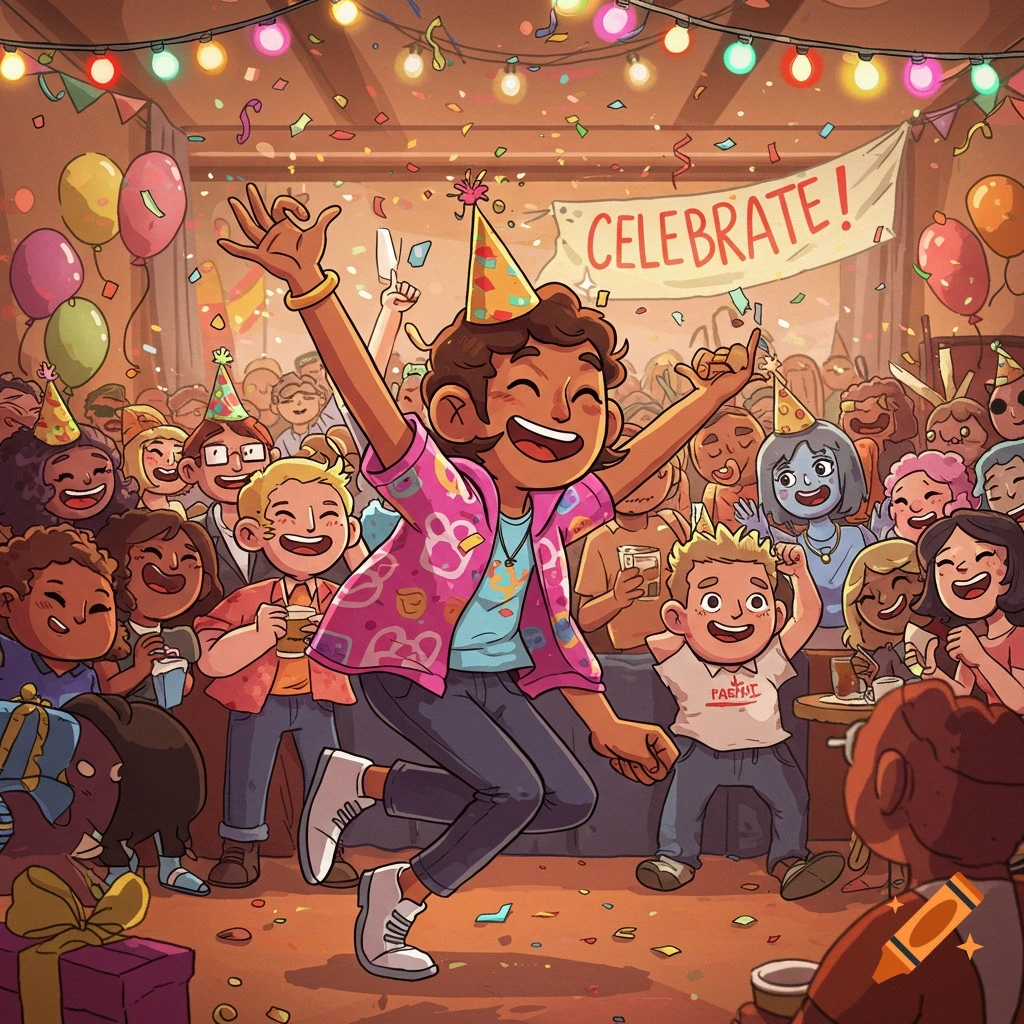 A vibrant cartoon illustration of a lively party with numerous joyful people, confetti, balloons, and a central figure dancing.