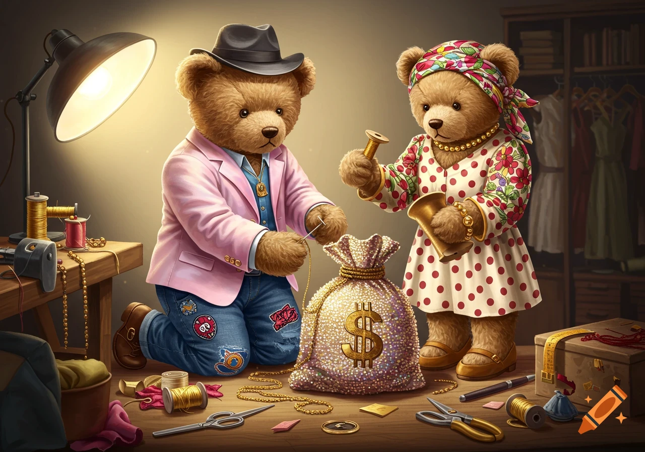 Two teddy bears, one in a pink blazer and jeans, the other in a polka dot dress and headscarf, are sewing a large, sparkly money bag with a dollar sign on it, surrounded by sewing supplies.