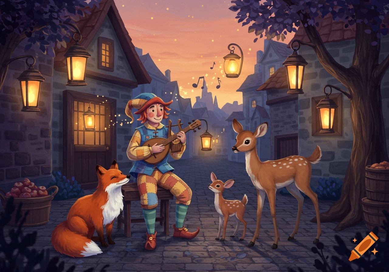 A whimsical jester plays a lute for a fox and two deer in a quaint village at sunset.