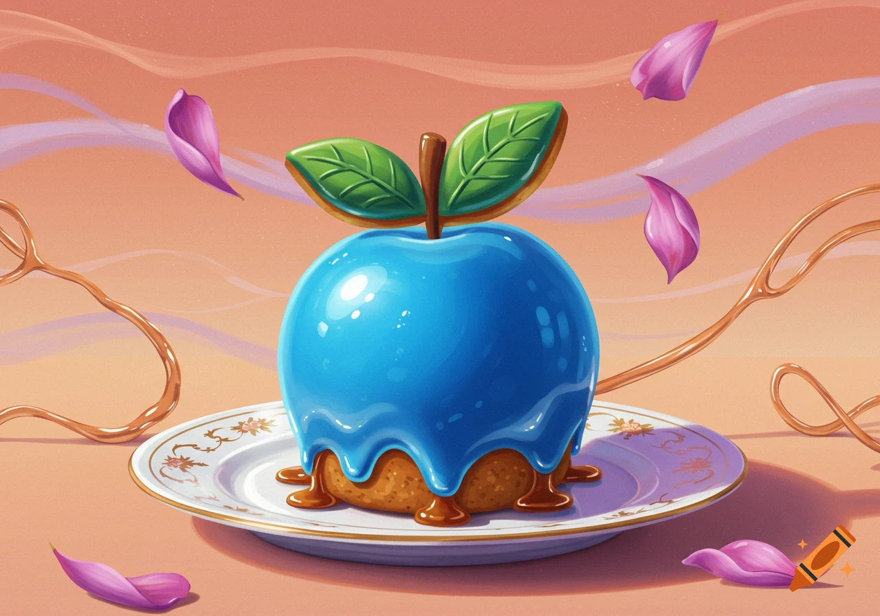A stylized illustration of a round dessert shaped like an apple, covered in shiny blue glaze with caramel dripping down, on a white plate with gold trim. Pink petals and golden strings float around against a peach background.